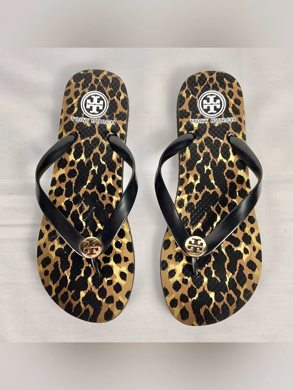 Tory Burch Leopard Print Rubber Flip Flops Gold Logo Sandals Approximate: Size 9